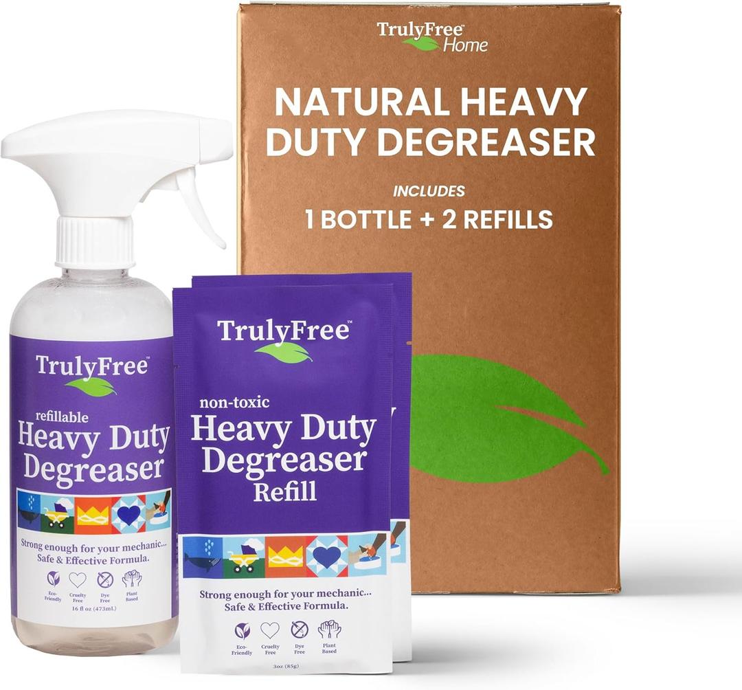 Heavy Duty Degreaser- Grease Remover & Grime Cleaner for Kitchen, Automotive & More, Household Cleaning Supplies, Fragrance-Free, Includes 16 oz Reusable Empty Bottle & 2 Refills (4 oz)