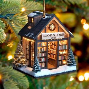 Pack 2 Book Store Christmas Ornament (1 Wood+1 Acrylic), 2025 library Christmas Ornaments 2D Flat, Bookish Gift for Book Lovers, Readers, Librarians - Book Nerd Friends Keepsake Gifts, Xmas Tree Dcor