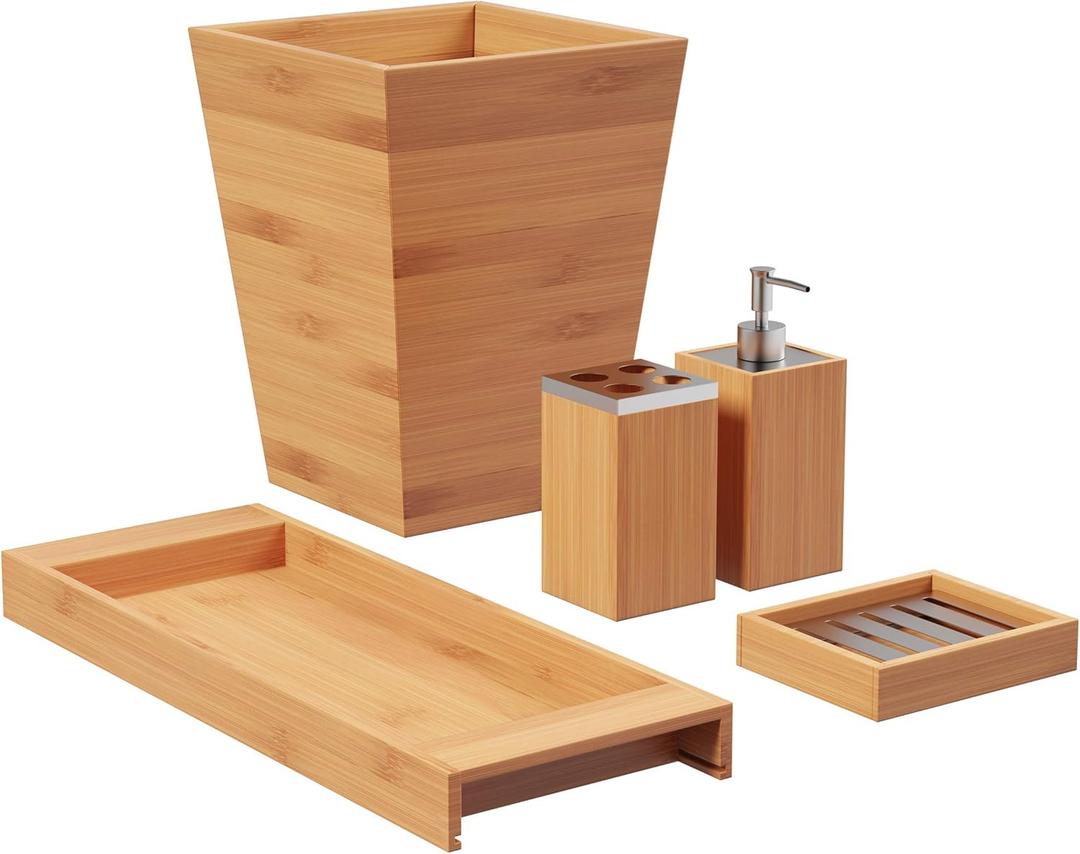 5-Piece Bathroom Decor Set - Bamboo Vanity Accessories with Trash Bin, Soap Dish, Soap Dispenser, Toothbrush Holder, and Tray by Lavish Home (Natural)