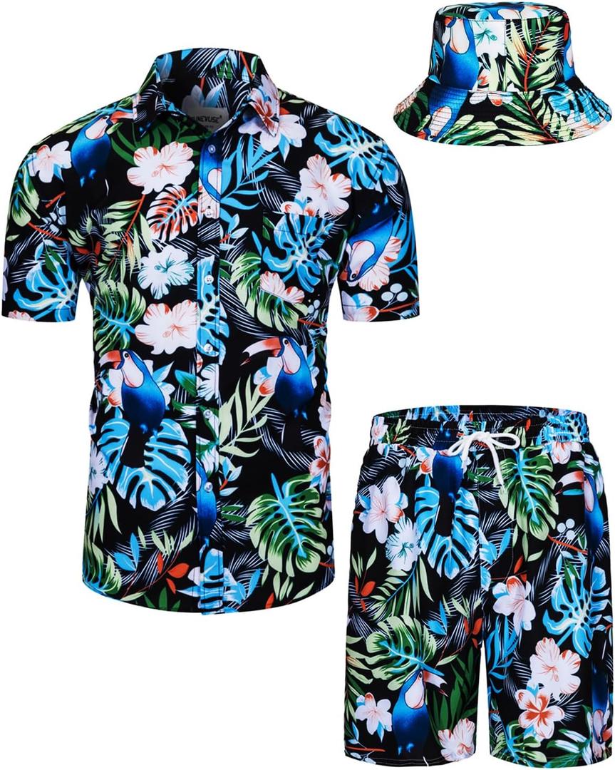 TUNEVUSE Mens Hawaiian Shirts and Shorts Set 2 Pieces Beach Outfits Flower Print Summer Tropical Suit with Bucket Hats (XX-Large)