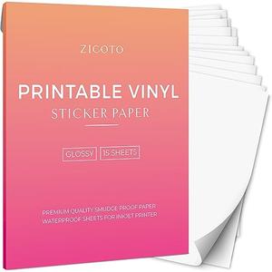 ZICOTO Premium Printable Vinyl Sticker Paper - Glossy White 8.5 x 11 inch Sheets for Your Inkjet Or Laser Printer - 15 Waterproof Decal Paper Sheets Dry Quickly and Hold Ink Beautifully