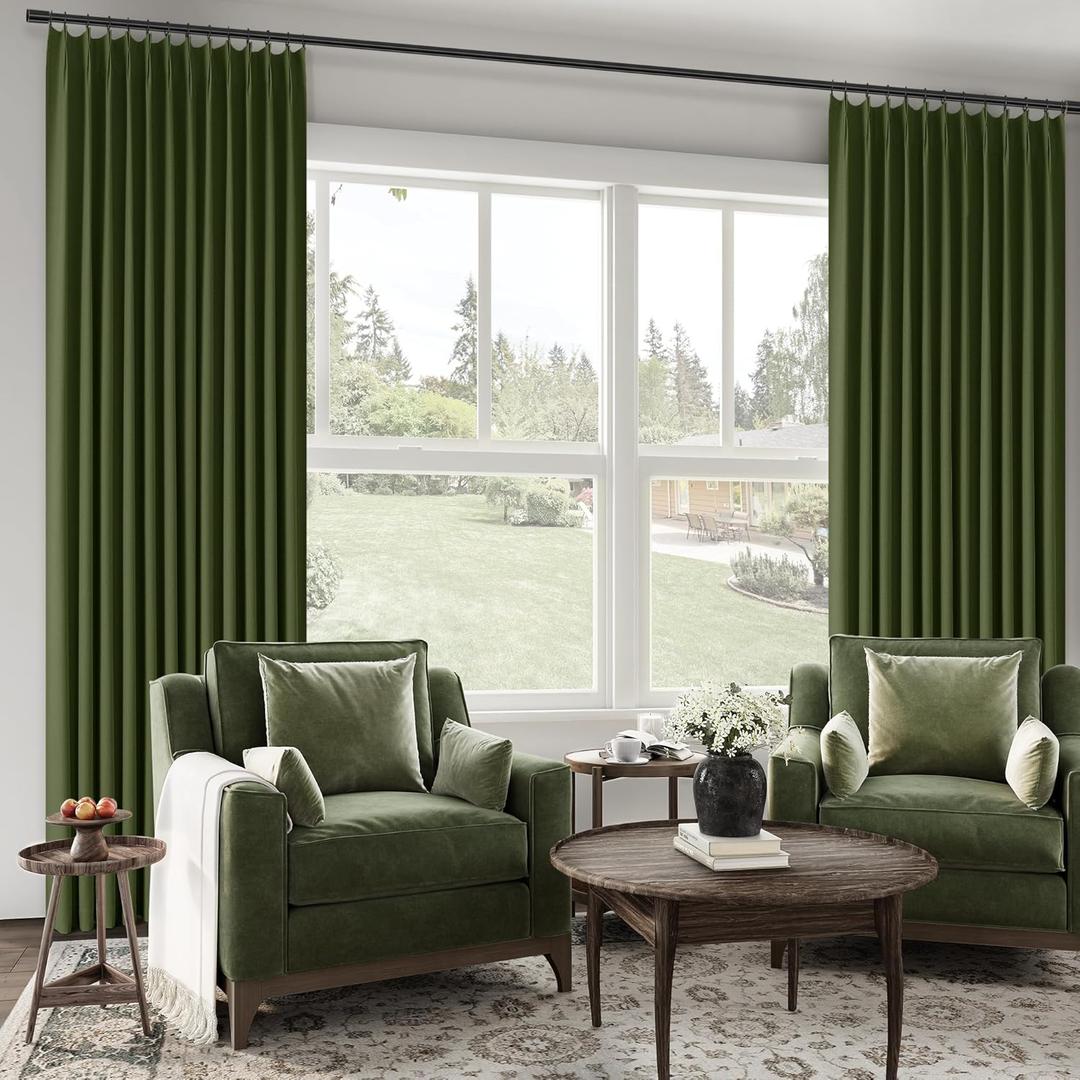 ChrisDowa Olive Pinch Pleated Blackout Linen Curtains 102 inches Long 2 Panels for Living Room Bedroom Farmhouse Room darking Thermal Insulated Back Tab Hooks Rings Window Treatment Drapes,40x102