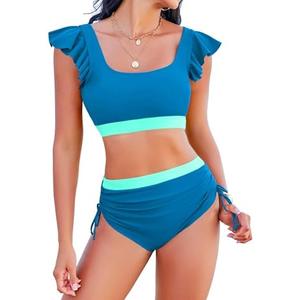 Jolefille High Waisted Bikini Sets for Women Tummy Control Swimsuit 2 Piece Color Block Ruffle Bathing Suits Teens L