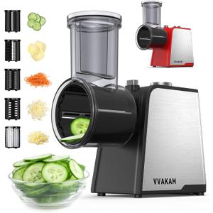 Electric Cheese Grater,300W DC Motor Salad Maker, Electric Slicer Shredder with 5 Different Shapes of Blades, Electric Vegetable Cutter for Potato, Carrot, Black