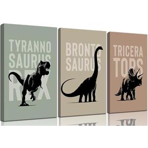 3Pcs Nursery Dinosaur Canvas Wall Art Bronto,Trike,T.rex Painting Picture Wall Decor Adorable Toddler Dino Poster Print Artwork for Kids Boys Room Nursery Classroom Playroom Home Decoration
