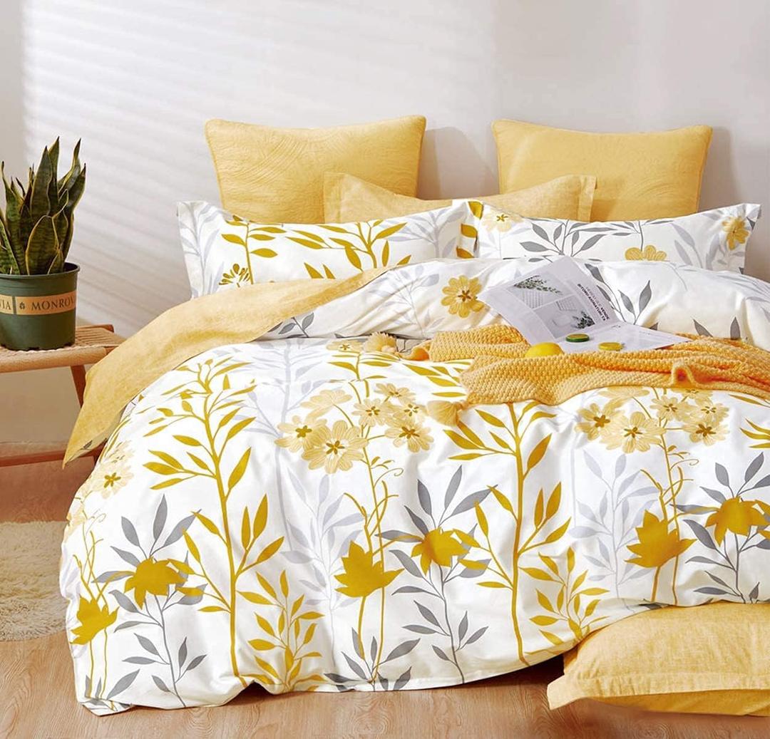 SLEEPBELLA Comforter King Size, 600 Thread Count Cotton Grey Branch with Yellow Flower & Grey Leaves Pattern Orange Reversible Comforter Set,Down Alternative Bedding Set 3Pcs(King, Yellow Botanical)