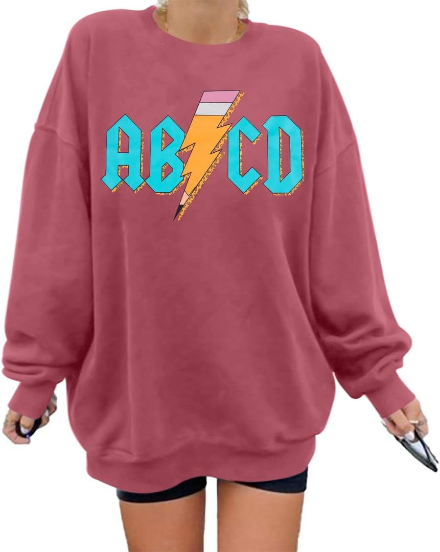 MAXIMGR Teacher Sweatshirt Women Oversized Rock'n Roll Sweatshirt ABCD Alphabet Graphic Back to School Pullover Top (Pink, S)