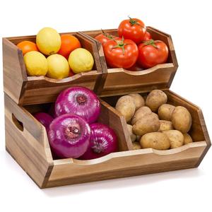 Acacia Wood Pantry Storage Bins, Stackable Storage Baskets Potato and Onion Storage Bins, Pantry Organizer Wooden Baskets Organization and Storage, Set 3 Pieces
