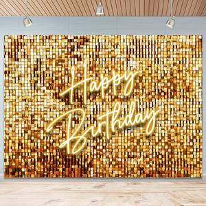 Golden Flash Square Happy Birthday Backdrop for Women Golden Wall Birthday Backdrops for Photography Golden Glitter Birthday Party Decorations Banner Girls Women Birthday Photo Backdrop 7x5Ft (S2)