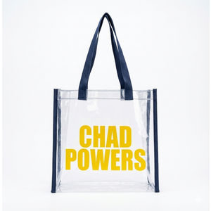 Small Clear Tote Bag "CHAD POWERS" logo, Navy Blue Straps, Yellow Logo, 10 Pack
