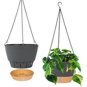 QCQHDU 2 Pack 10 Inch Hanging Planters for Indoor Outdoor Plants, Hanging Baskets Flower Pots with Reservoir Tray & Visible Water-Level (Dark Grey)
