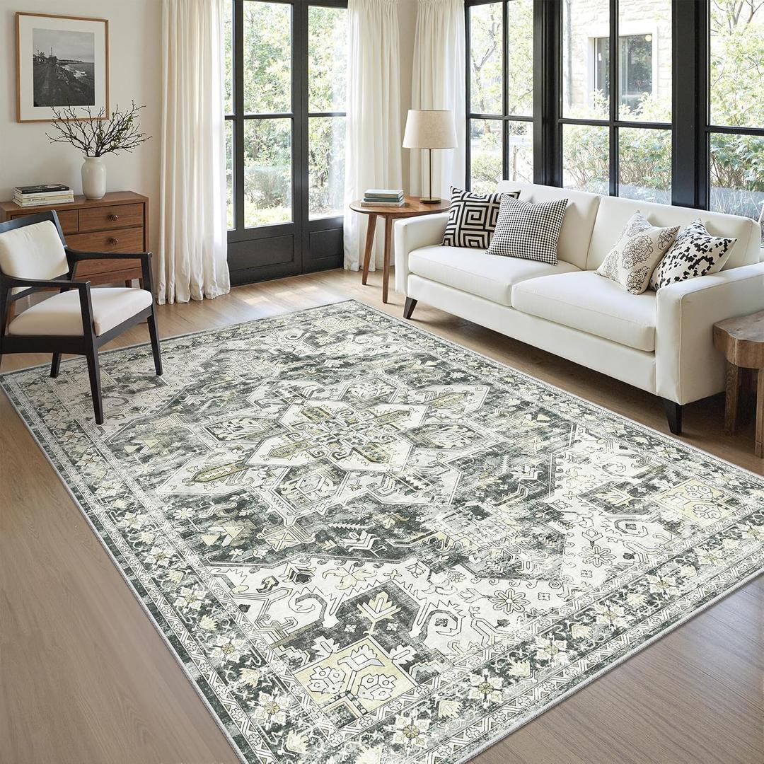 zesthome 5x7 Washable Rug-Stain Resistant Area Rugs for Living Room, Ultra-Thin Vintage Rugs, Non-Slip Backing Rug, Low Pile Large Area Rug, Boho Home Decor (Grey/Beige)
