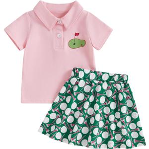 Toddler Girl Golf Outfit Short Sleeve Hole in One Polo Shirt and Golf Print Mini Skirt Set, 18-24mos