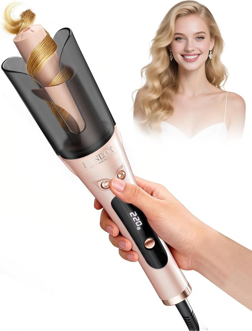 Automatic Rotating Curling Iron 1-inch - LANDOT 2-Way Anti-Tangle Self Curling Wand, Effortless Curls for Special Occasions, Dates & Vacations, Fast Heat-Up Ceramic Barrel for Gorgeous Styles (Gold)