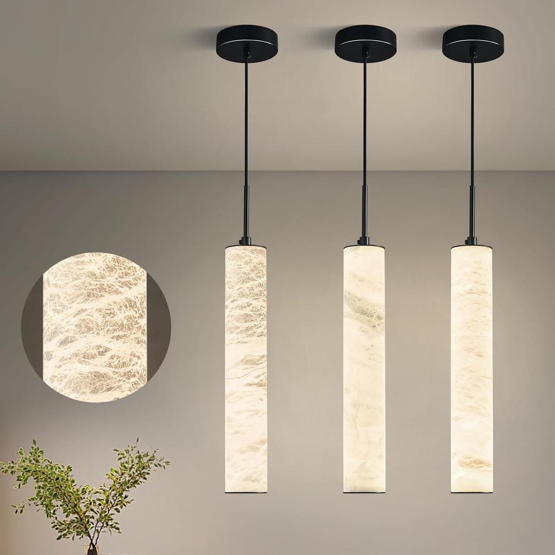 LMQNINE Natural Alabaster Pendant Lights for Kitchen Island White Marble Long Tube Chandelier 4000K Modern Black Ceiling Light Fixtures for Bedroom Dining Room Table Living Room Hallway(M-3Pack)