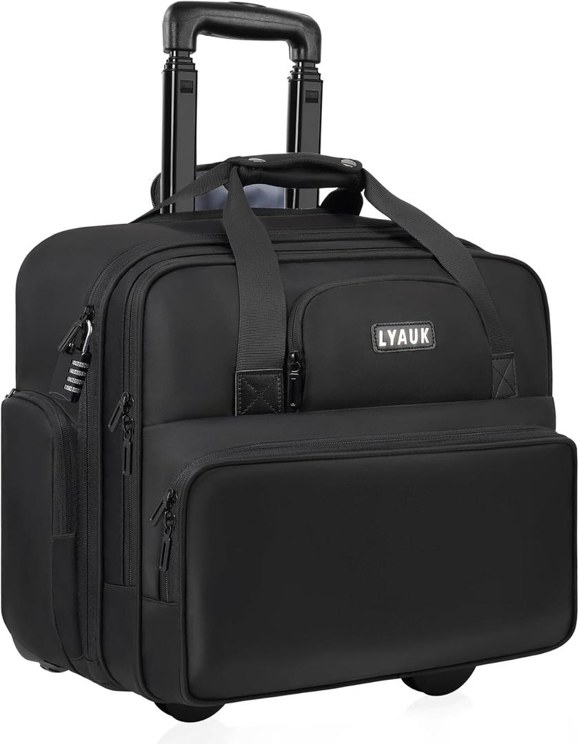 Rolling Laptop Bag Men Women with Wheels, Anti Theft Rolling Briefcase for 17.3 inch Laptop, Water Resistant Overnight Computer Bag Laptop Briefcase for Travel/Work/Business, Black