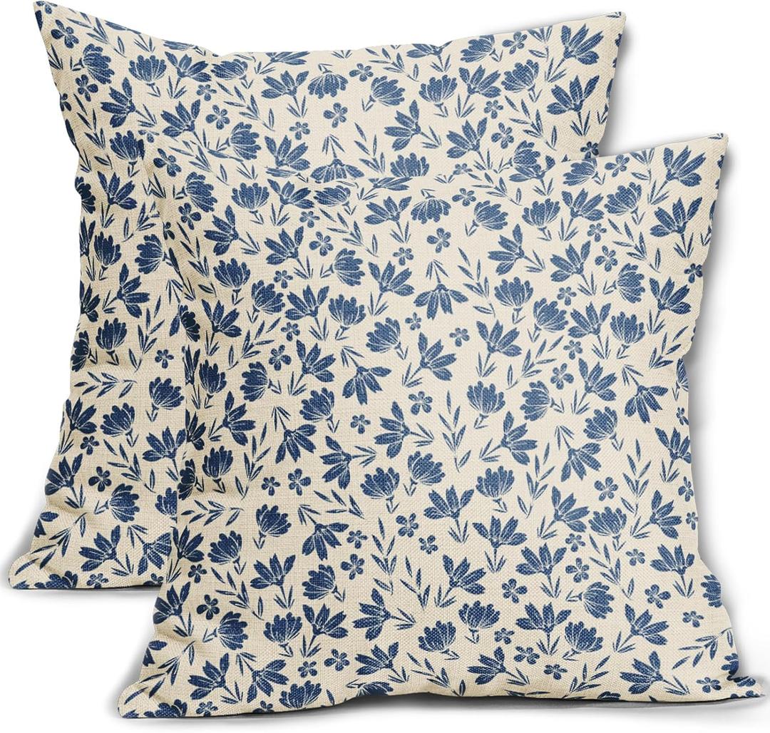 Blue Floral Pillow Covers 18x18 Set of 2 Vintage Rustic Old Style Cute Small Flower Blue Cream Print Decorative Outdoor Pillowcases Farmhouse Throw Cushion Case Decor for Couch Sofa Bed