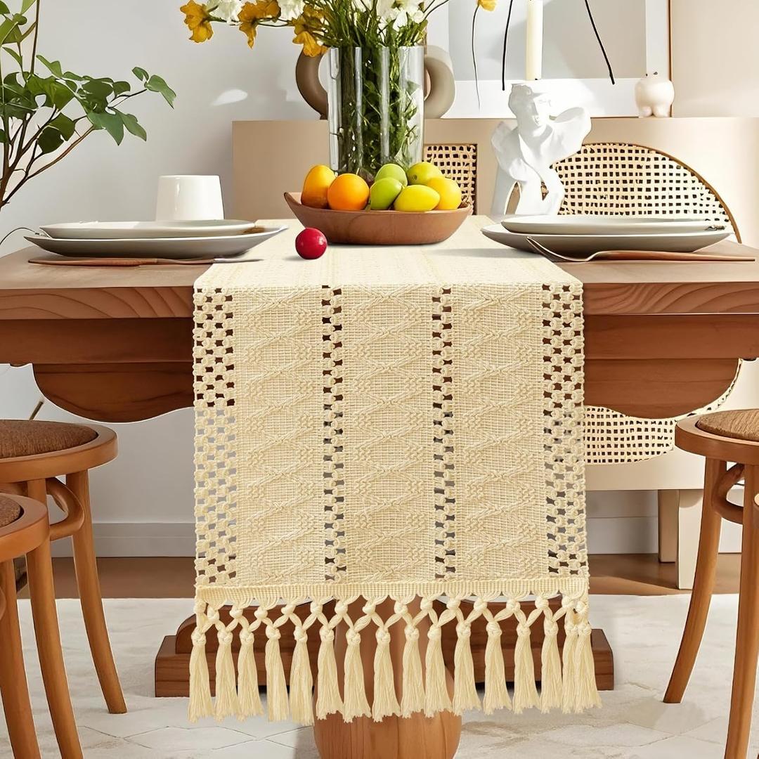 8 x OTOSTAR Boho Table Runner Beige Macrame Table Runners with Tassels Woven Table Runner 72 Inches Long Rustic Farmhouse Table Runners for Kitchen Dining Room Home Decor 12x72 Inch (Beige)
