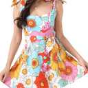 Womens Floral Mini Dress Casual Summer Sleeveless Flower Dresses Square Neck A line Short Dress with Pockets Orange M
