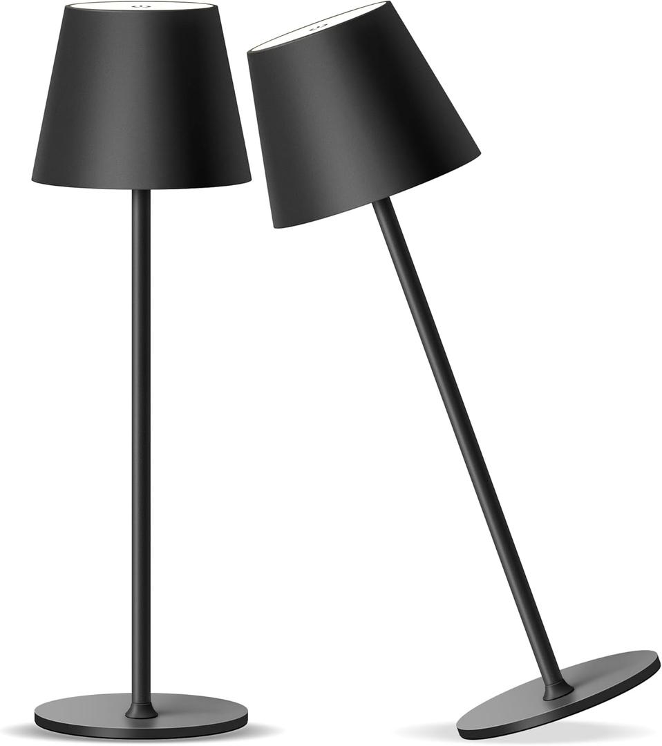 Cordless Rechargeable Table Lamp Set of 2, 4000mAh Battery Powered LED Desk Lamp, 3 Color Stepless Dimming Up, Portable Table Light Lamp for Bedroom, Restaurant, Outdoor) (Black (2 Pack))