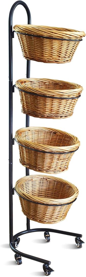 DS THE DISPLAY STORE 4 Tier Retail Display Stand with Wheels & Sign Clips, Brown Metal Market Display Rack Basket Stand, Farmers Market Display with Willow Baskets