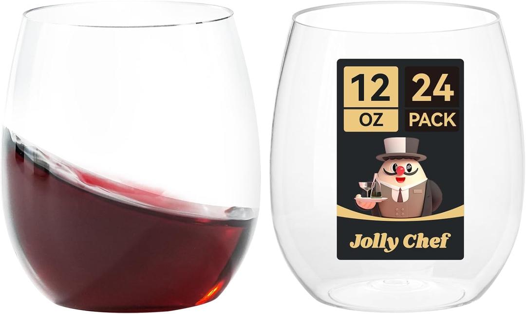 JOLLY CHEF 24 Pack 12 Oz Disposable Plastic Wine Glasses. Shatterproof, Unbreakable, Crystal, Stemless Plastic Wine Cups for Party, Halloween, Christmas JOLLY CHEF 24 Pack 12 Oz Disposable Plastic Wine Glasses. Shatterproof, Unbreakable, Crystal, Stemless Plastic Wine Cups for Party, Halloween, Christmas