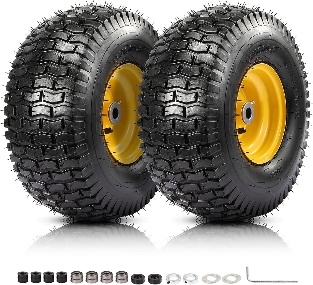 2PCS 15x6.00-6 Tire and Wheel Assembly, 4 Ply Tubeless 15x6-6 Front Tire Assembly Replacement for Craftsman John Deere Husqvarna Riding Mowers, 500lbs Capacity, 3" Centered Hub, 3/4" Bushing (Yellow)