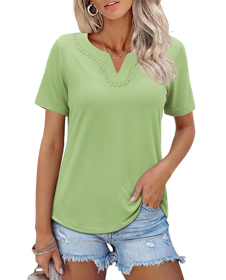 siliteelon Womens Short Sleeve Boho Tops V Neck Swiss Dot Dressy Casual Blouses Cute Summer Shirts 2026 Vacation Work Tshirts-Green M (Green, M)