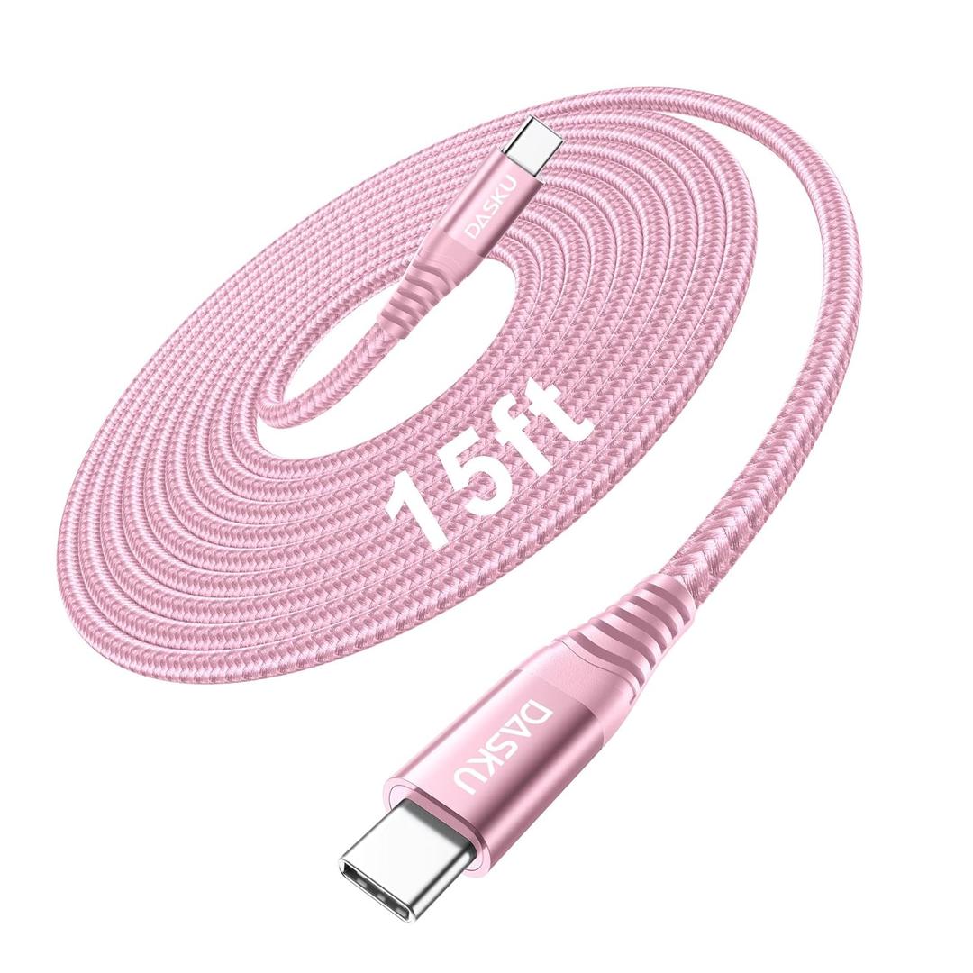 USB C to USB C Cable 100W Fast Charging 15FT, Extra Long Type C Charger Cable for iPhone 17 Pro Max, iPhone 16 15 Series, Samsung Galaxy S24 S23 S22, MacBook Pro, iPad, CarPlay (Pink)