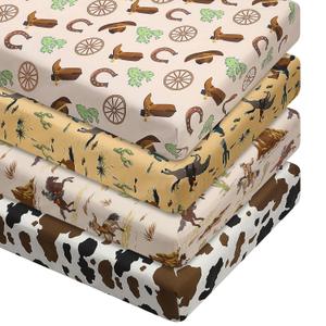 VitalCozy 4 Pcs Western Cowboy Crib Sheet Set Newborn Bedding Nursery Baby Sheets for Girl Boys Baby Gifts for Standard Crib and Toddler Mattresses, 52 x 28 x 8 Inches