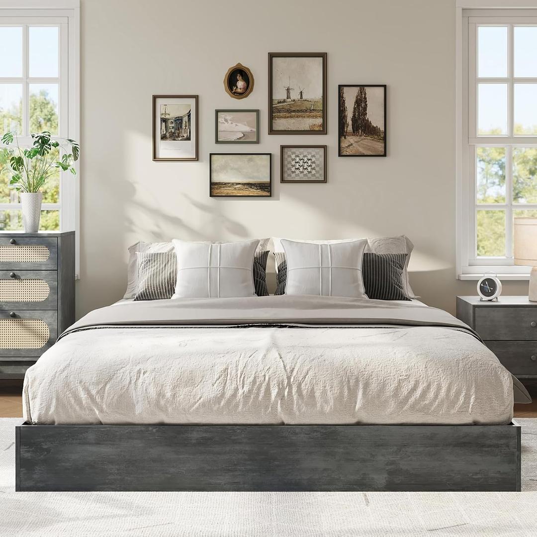 IDEALHOUSE Platform Bed Frame Queen Size,Wooden Slat Support,No Box Spring Needed, Easy Assembly (Charcoal Grey)
