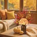 Artificial Fall Flowers with Metal Pot, Orange Silk Fall Leaves Stems with Hydrangea Berry Branches & Eucalyptus for Autumn Thanksgiving Table Centerpiece Decor (Red and Orange)