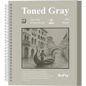 SuFly Gray Toned Sketch Pad, 11" x 14" - 60 Sheets Spiral Bound Sketchbook, 85lb/130gsm Toned Gray Paper for Graphite, Charcoal, Colored Pencils and Gel Pens.