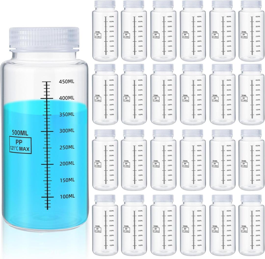 Tatuo 24 Pcs 16 oz 500 ml Polypropylene Plastic Sample Bottles with Screw Caps Sample Containers with Lid for Liquids, Reagent, Pill, Travel, Laboratory, Storage at Home(Wide Mouth-dark Scale)