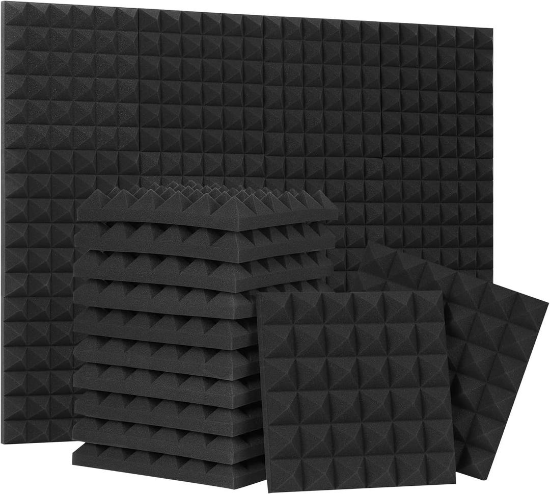 24 Pack-12 x 12 x 2 Inches Pyramid Designed Acoustic Foam Panels, Sound Proof Foam Panels Black, High Density and Fire Resistant Acoustic Panels, Sound Panels, Studio Foam for Wall and Ceiling (24 Pack 24 Sq Ft)