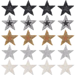 FINGERINSPIRE Set of 20 Five-Pointed Star Rhinestone Patches (5 Colors: Gold/Silver/Black/White/Silver Add Black) Crystal Iron/Sew on Hot Melt Adhesive Decoration Patches Appliques for Clothing Repair