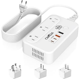 220V to 110V Voltage Converter, 350W Pure Sine Wave Voltage Converter US to Europe with 35W PD 2 Type C Port 2 USB A Port, International Power Converter Combo Plug for International Travel White