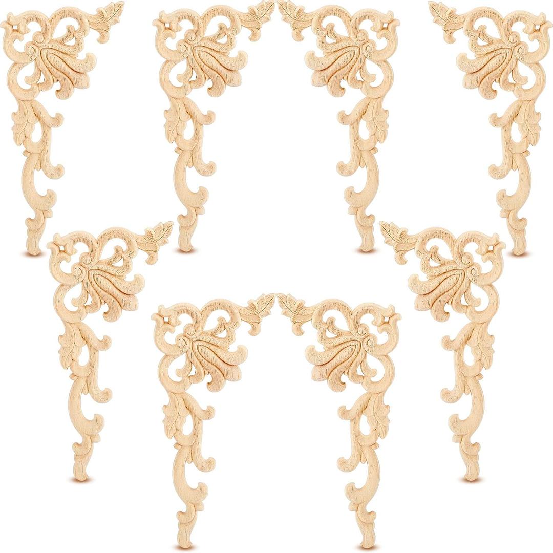Yulejo 8 Pieces Wood Appliques Onlays Decorative Wooden Applique DIY Wood Appliques and Onlays for Furniture Unpainted Carved Corner Applique for Cabinet Door Bed Wardrobe Furniture Decoration