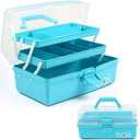 12in 3-Layer Plastic Craft Organizers and Storage, Portable Folding Tackle Box with Handle & Adjustable Dividers, Multipurpose Case for Sewing, Art Supplies, Medicine, Tools (Blue)