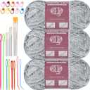 Chenille Yarn for Crocheting Knitting, 3 Skein 10.58 oz / 263 Yard Thick Soft Chunky Fluffy Weaving Plush Yarn for Blankets Clothes Pattern with Big Eye Needles (Gray Ink Gradient) (Gradient Color)