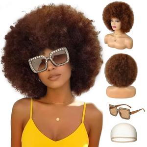 Colored Afro Wigs for Women Men 70s and Disco Sunglasses Set, Funny Wig with Curly Bouncy Huge Fluffy Puff and Oversize Retro Rhinestone Sunglasses - for Costume Cosplay Party (Brown)