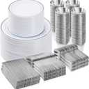 BESTVIP 600PCS Silver Dinnerware Set for 100 Guests, Plastic Plates for Party, 100 Silver Disposable Plates, 100 Dessert Plates, 100 Cups, 100 Spoons, 100 Forks and 100 Knives