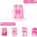 OUSHISS 12Pcs Coquette Pink Bow Party Paper Gift Bags, Girl Bow Birthday Party Treat Bags, Coquette Birthday Goodie Candy Bags for Bow Birthday Baby Shower Bridal Shower Bachelorette Party Supplies