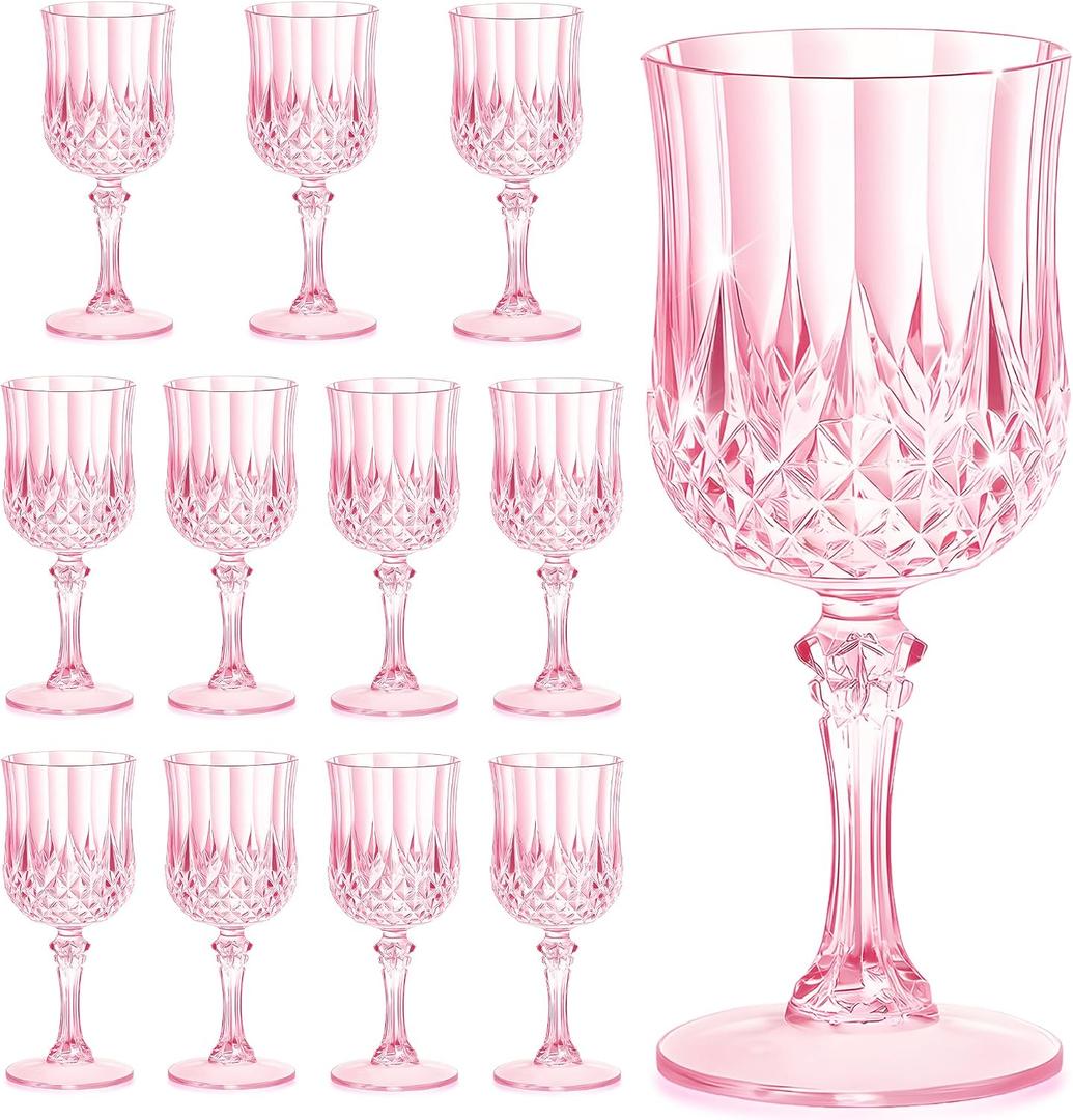 7OZ Plastic Wine Glasses, Reusable Vintage Goblets Unbreakable Drinking Glasses Crystal Water Cups Champagne for Wedding, Parties, Mother's Day (12, Pink), 6.6 Inches X 2.65 Inches
