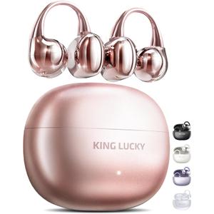 King Lucky Clip on Earbuds Open Ear Wireless Bluetooth 5.4 Headphones with Mic,50H Play,Noise Cancelling,Waterproof,Sports Ear Buds,Comfortable for Small Ears & Glasses Wearers,Workouts (Pink)