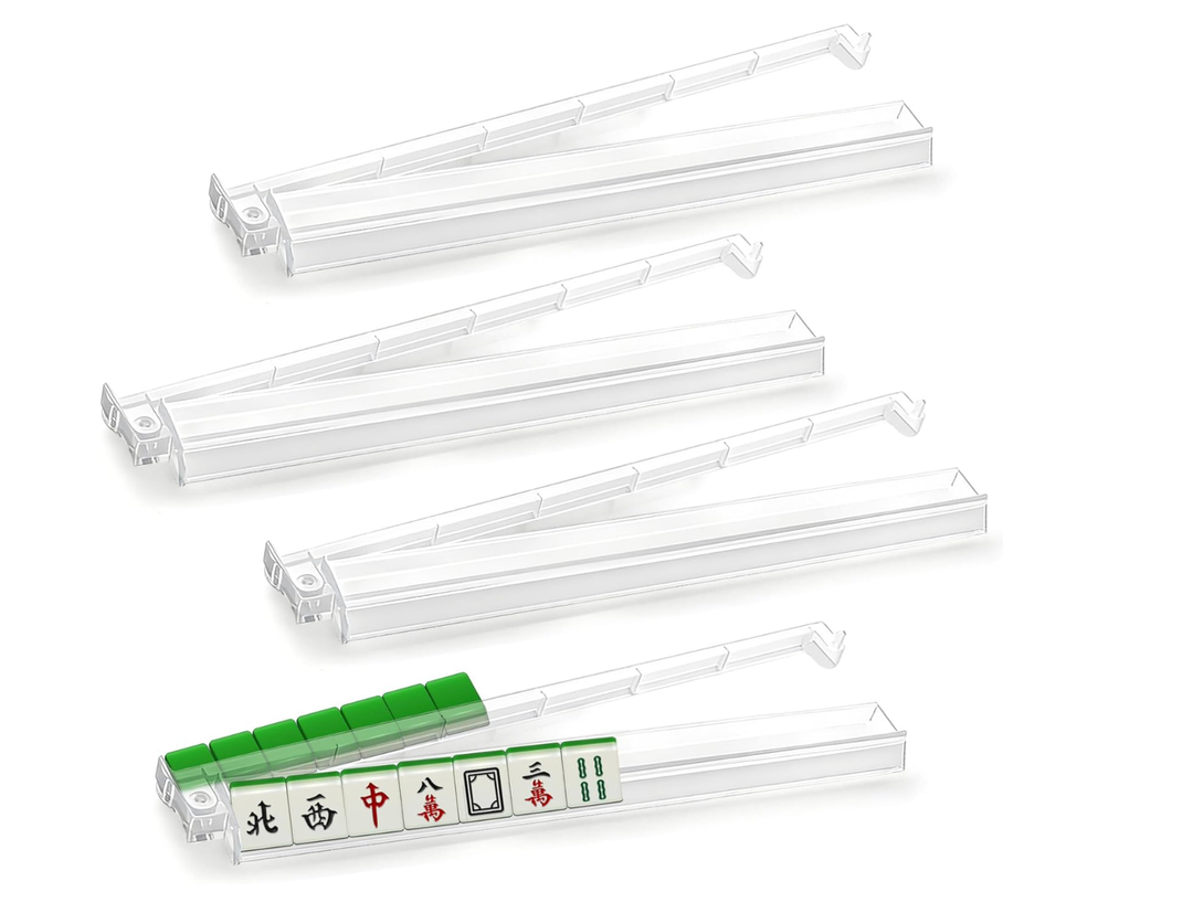 Jibrelxion 4 Pack 17.6 in Modern Mahjong Racks with Pushers, Clear Acrylic American Mahjong Tile Pushers, Plastic AllinOne Rack with Push Rods Combo for Game