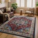 5x7 Vintage Area Rug for Bedroom Living Room, Machine Washable Non Slip Indoor Rug, Thin Throw Floral Floor Low Pile Distressed Carpet for Dining Room Farmhouse Office Red