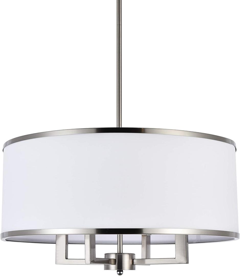 Classic 4-Light Drum Pendant Lighting Fixture, 20'' White Fabric Shade, Vertical Rod Semi Flush Mount Ceiling Lights, Brushed Nickel Chandelier for Foyer Entryway Hallway Dining Room