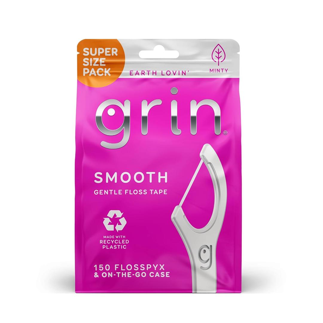 GRIN Smooth Flosspyx, Gentle Floss Picks, 150 Count, Dental Flossers, Minty Flavor, Recycled Plastic, Smooth Floss, Tight Teeth, Premium Longer Floss Head, Includes Safe Fold-Back Tooth Pick