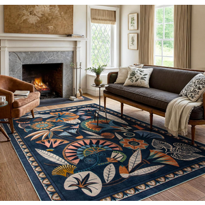 Zealude Egypt Floral Washable 5x7 Area Rug for Living Room, Large Boho Bedroom Dining Room Rugs for Under Table, Vintage Non Slip Soft Throw Carpet for Playroom Office Apartment (Dark Blue, 5 x 7)